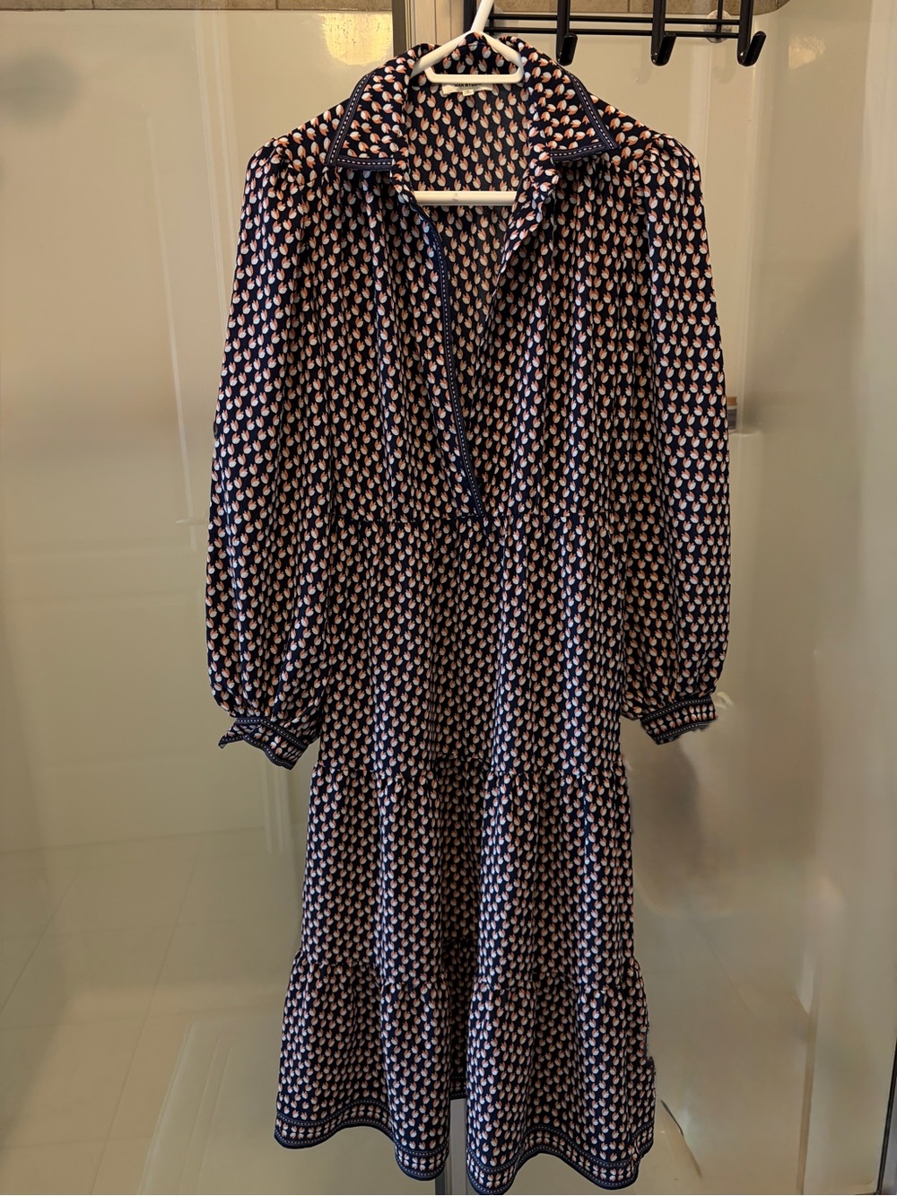 Max Studio Navy and Cream Printed Tiered Midi Dress